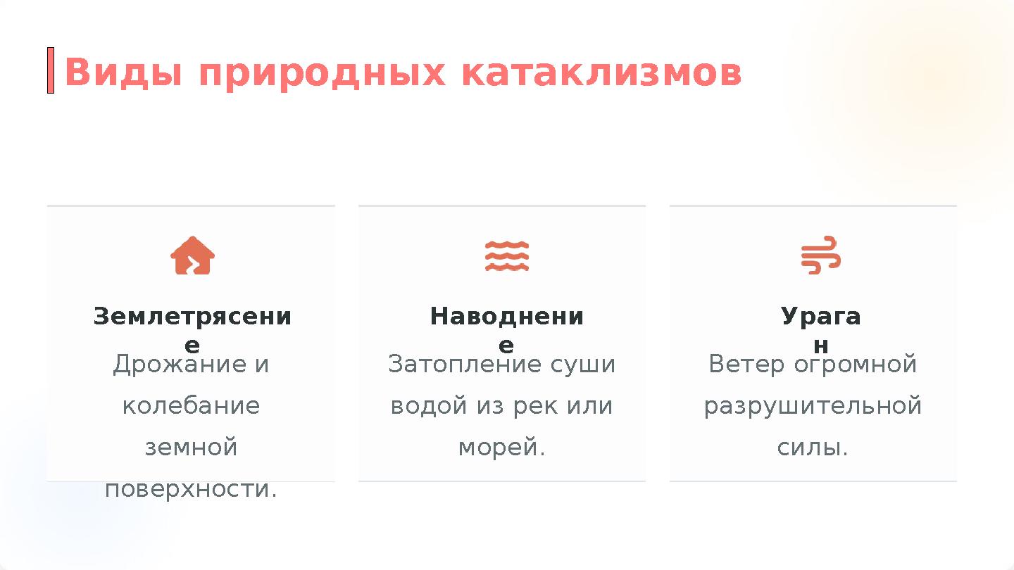 Землетрясени е Дрожание и колебание земной поверхности. Наводнени е Затопление суши водой из рек или морей. Урага н Ветер о