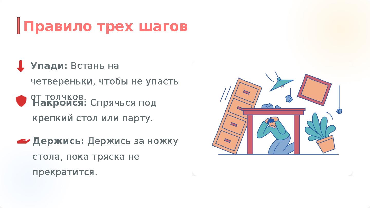 Упади: Встань на четвереньки, чтобы не упасть от толчков. Накройся: Спрячься под крепкий стол или парту. Держись: Держись за