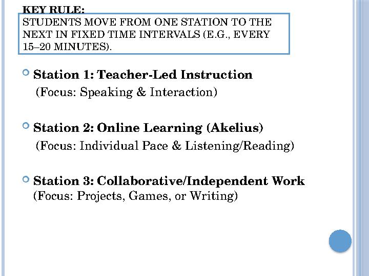 KEY RULE: STUDENTS MOVE FROM ONE STATION TO THE NEXT IN FIXED TIME INTERVALS (E.G., EVERY 15–20 MINUTES). Station 1: Teacher