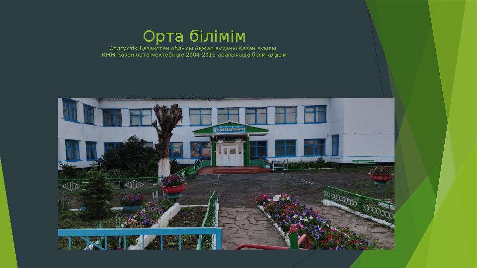 Орта білімім Солтүстік Қазақстан облысы Ақжар ауданы Қазан ауылы, КММ Қазан орта мектебінде 2004-2015 аралығыда білім алдым