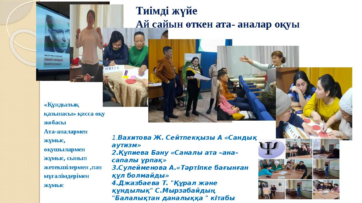 Тиімді жүйе Ай сайын өткен ата- аналар оқуы 1.Вахитова Ж. Сейтпекқызы А «Сандық аутизм» 2.Құпиева Бану «Саналы ата –ана- сап