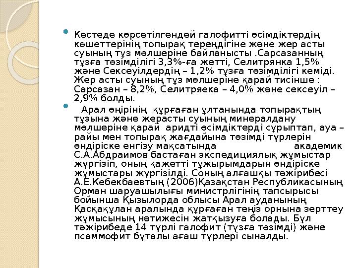  Кестеде көрсетілгендей галофитті өсімдіктердің көшеттерінің топырақ тереңдігіне және жер асты суының тұз мөлшеріне байланыст