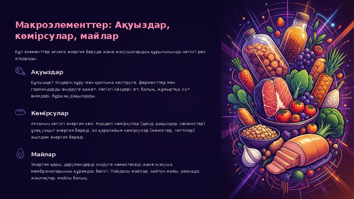 Макроэлементтер: Ақуыздар, көмірсулар, майлар Бұл элементтер ағзаға энергия беруде және жасушалардың құрылысында негізгі рөл а