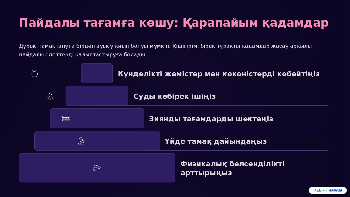 Пайдалы тағамға көшу: Қарапайым қадамдар Дұрыс тамақтануға бірден ауысу қиын болуы мүмкін. Кішігірім, бірақ тұрақты қадамдар жас