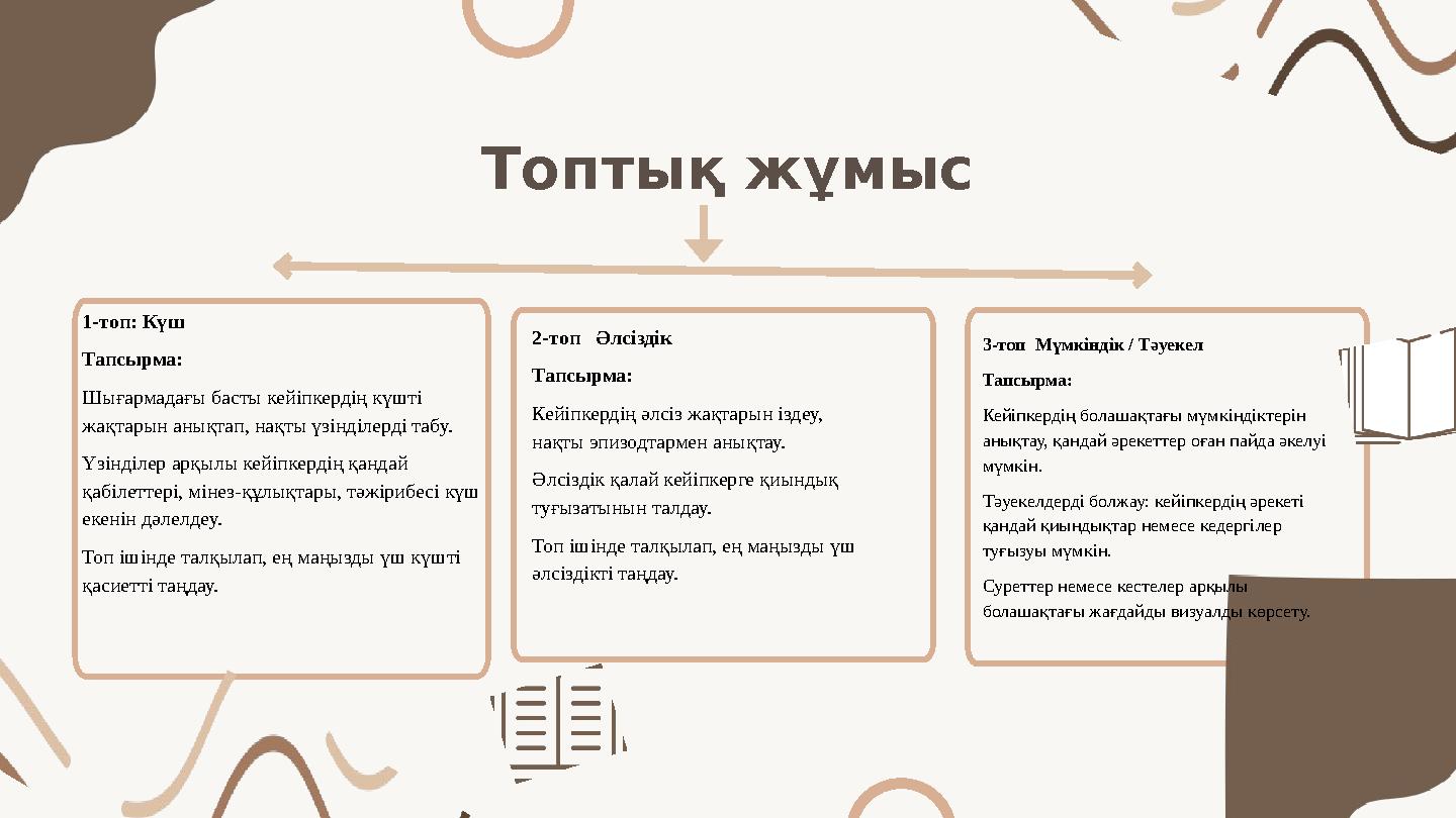 Топтық жұмыс 1-топ: Күш Тапсырма: Шығармадағы басты кейіпкердің күшті жақтарын анықтап, нақты үзінділерді табу. Үзінділер арқыл