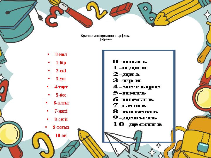 Краткая информация о цифрах. Цифра-сан •0-нөл •1-бір •2-екі •3-үш •4-төрт •5-бес •6-алты •7-жеті •8-сегіз •9-тоғыз •10-он