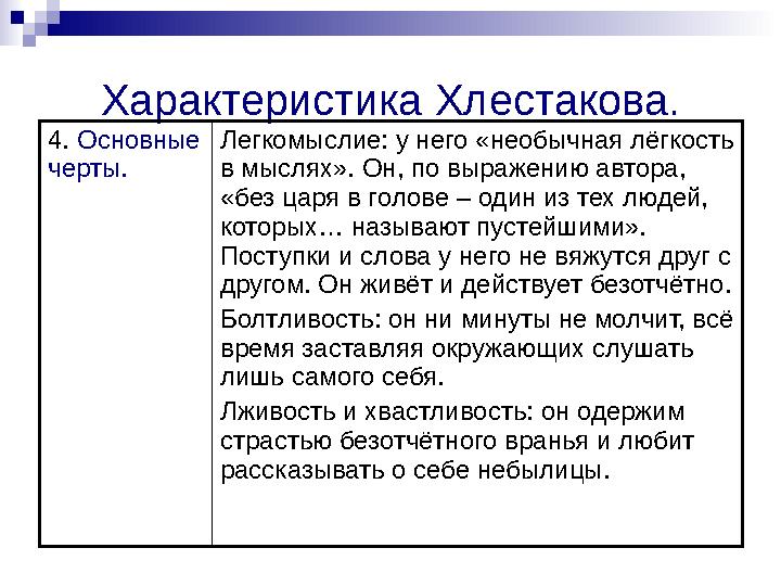 Характеристика Хлестакова. 4. Основные черты. Легкомыслие: у него «необычная лёгкость в мыслях». Он, по выражению автора, «бе
