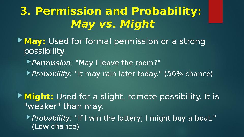 3. Permission and Probability: May vs. Might May: Used for formal permission or a strong possibility. Permission: "May I lea
