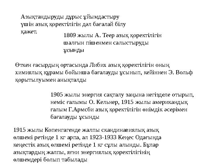 Азықтандыруды дұрыс ұйымдастыру үшін азық қоректілігін дəл бағалай білу қажет. 1809 жылы А. Теер азық қоректілігін шалғын піш