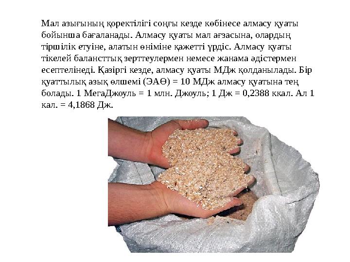 Мал азығының қоректілігі соңғы кезде көбінесе алмасу қуаты бойынша бағаланады. Алмасу қуаты мал ағзасына, олардың тіршілік ету