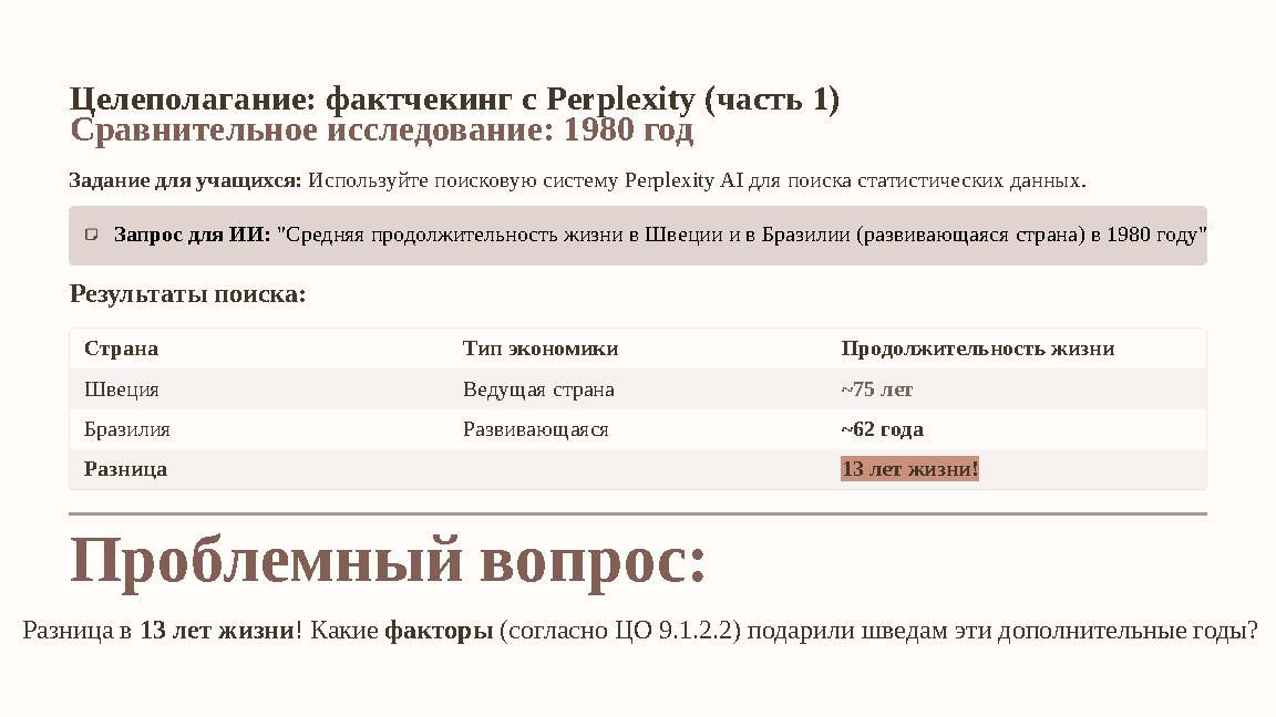 Целеполагание: фактчекинг с Perplexity (часть 1) Сравнительное исследование: 1980 год Задание для учащихся: Используйте поискову