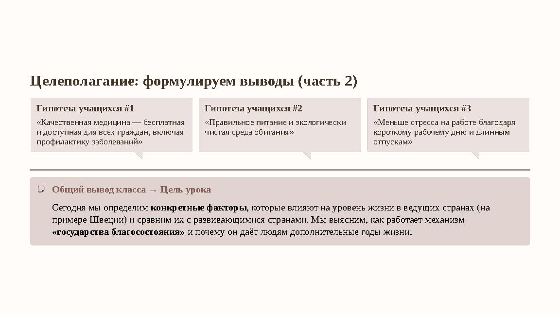 Целеполагание: формулируем выводы (часть 2) Гипотеза учащихся #1 «Качественная медицина — бесплатная и доступная для всех гражд
