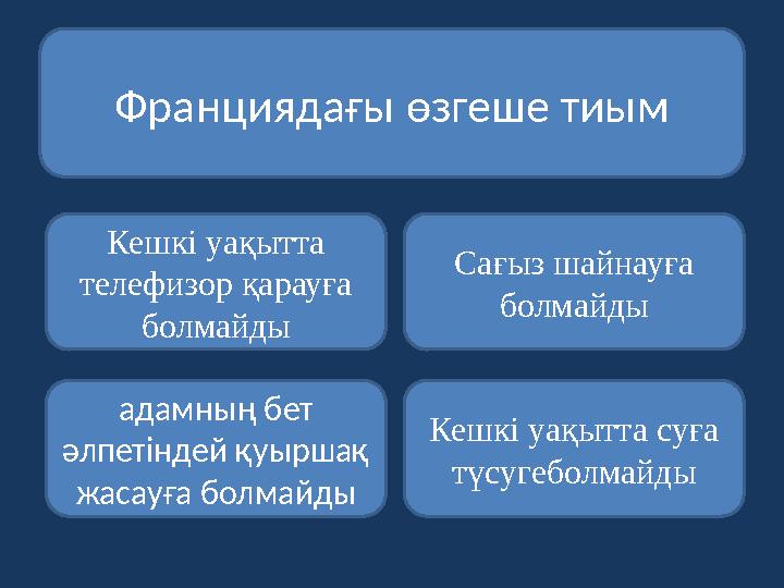 Франциядағы өзгеше тиым Кешкі уақытта телефизор қарауға болмайды адамның бет әлпетіндей қуыршақ жасауға болмайды Кешкі уақыт
