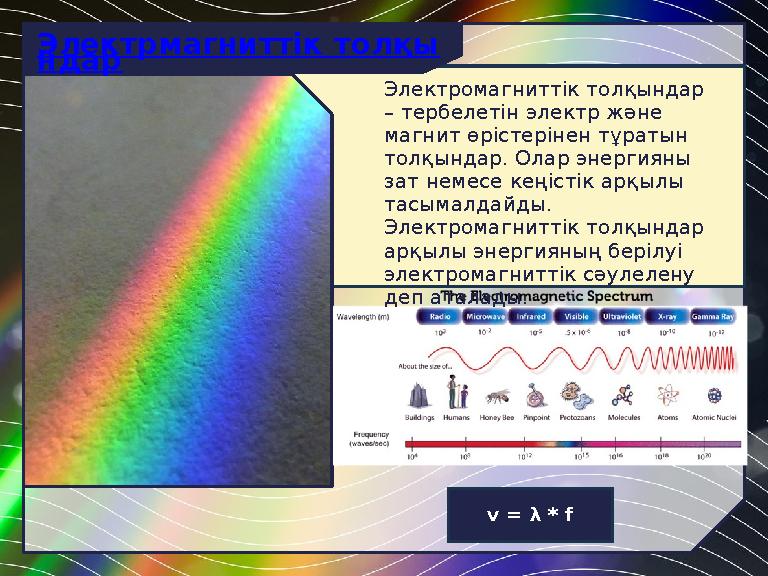 v = λ * f Электромагниттік толқындар – тербелетін электр және магнит өрістерінен тұратын толқындар. Олар энергияны зат немес