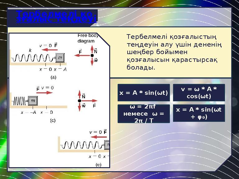 Тербелмелі қозғалыстың теңдеуін алу үшін дененің шеңбер бойымен қозғалысын қарастырсақ болады. Тербелмелі қо зғалыс теңдеуі