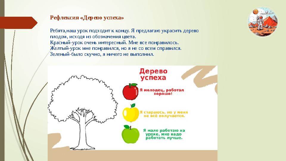 Рефлексия «Дерево успеха» Ребята,наш урок подходит к концу. Я предлагаю украсить дерево плодом, исходя из обозначения цвета. Кр