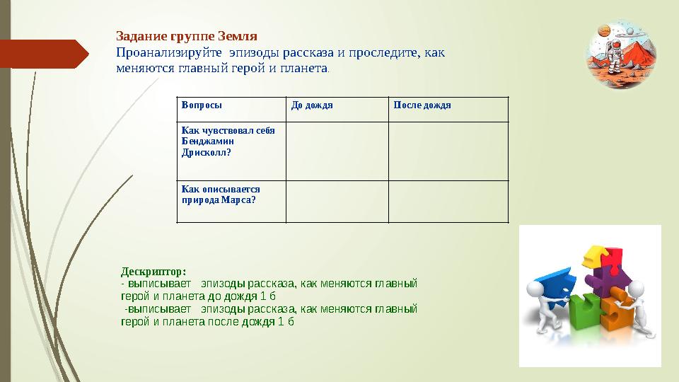 Вопросы До дождя После дождя Как чувствовал себя Бенджамин Дрисколл? Как описывается природа Марса? Задание группе Земля Про