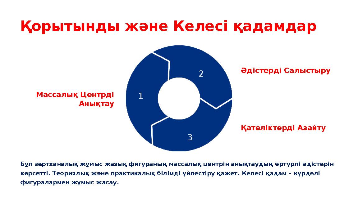 Қорытынды және Келесі қадамдар Массалық Центрді Анықтау 1 Әдістерді Салыстыру 2 Қателіктерді Азайту 3 Бұл зертханалық жұмыс жаз