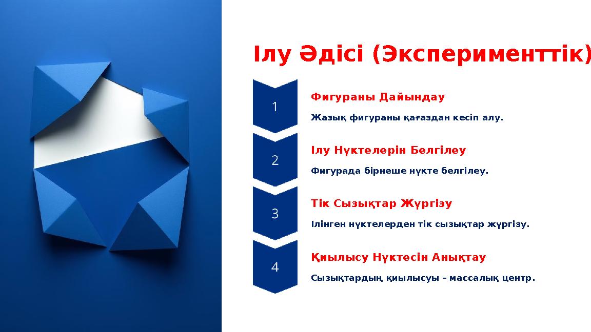 Ілу Әдісі (Эксперименттік) Фигураны Дайындау Жазық фигураны қағаздан кесіп алу. Ілу Нүктелерін Белгілеу Фигурада бірнеше нүкте б