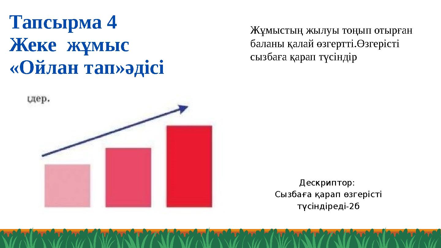 Тапсырма 4 Жеке жұмыс «Ойлан тап»әдісі Дескриптор: Сызбаға қарап өзгерісті түсіндіреді-2б Жұмыстың жылуы тоңып отырған балан