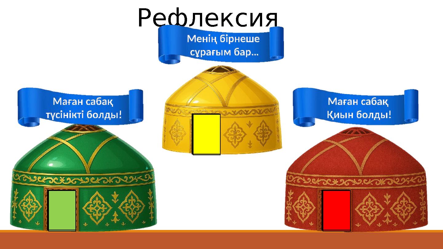 Рефлексия Маған сабақ түсінікті болды! Менің бірнеше сұрағым бар… Маған сабақ Қиын болды! 12345678910111213141516171819202122