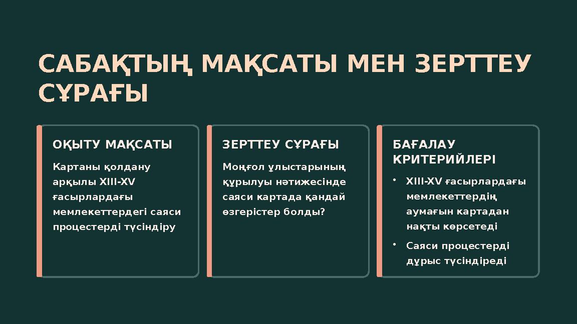 САБАҚТЫҢ МАҚСАТЫ МЕН ЗЕРТТЕУ СҰРАҒЫ ОҚЫТУ МАҚСАТЫ Картаны қолдану арқылы XIII-XV ғасырлардағы мемлекеттердегі саяси процест