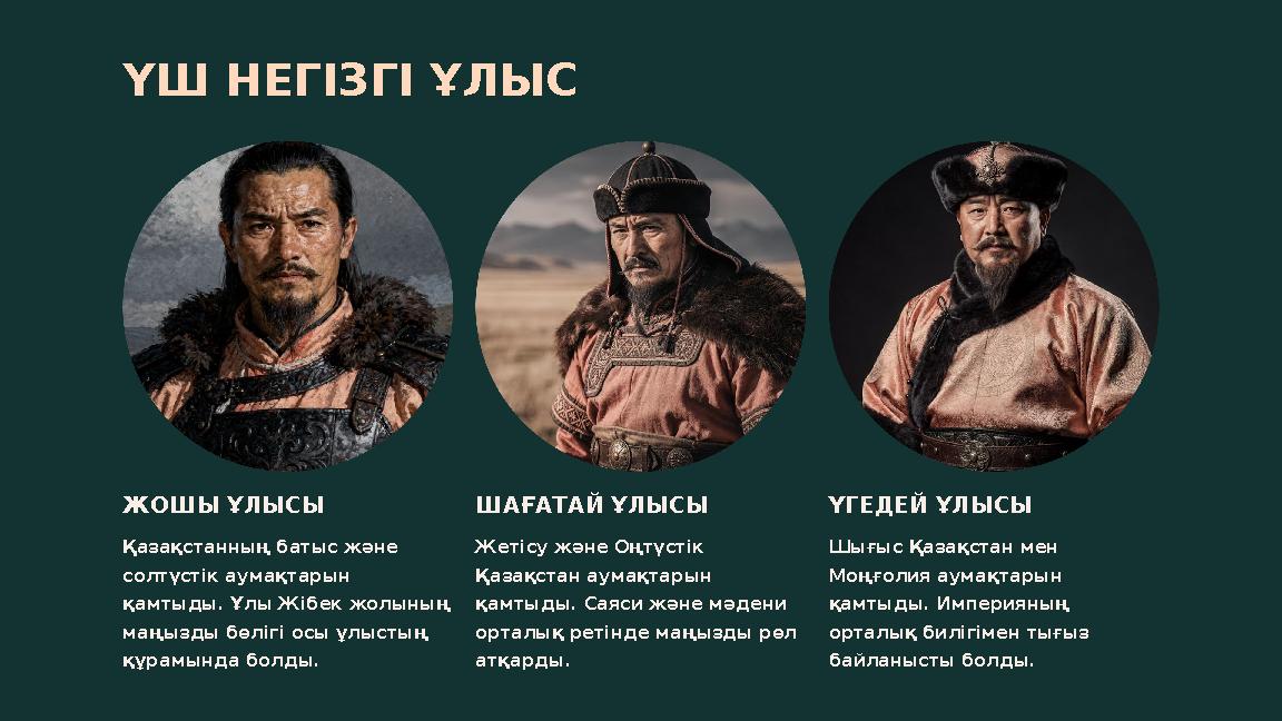 ҮШ НЕГІЗГІ ҰЛЫС ЖОШЫ ҰЛЫСЫ Қазақстанның батыс және солтүстік аумақтарын қамтыды. Ұлы Жібек жолының маңызды бөлігі осы ұлыстың