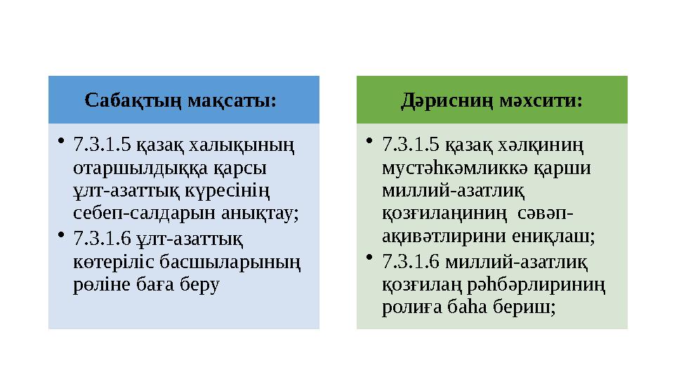 Сабақтың мақсаты: •7.3.1.5 қазақ халықының отаршылдыққа қарсы ұлт-азаттық күресінің себеп-салдарын анықтау; •7.3.1.6 ұлт-аз