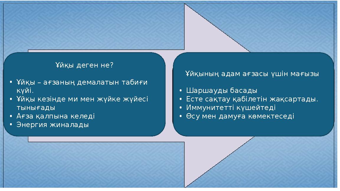 Ұйқы деген не? •Ұйқы – ағзаның демалатын табиғи күйі. •Ұйқы кезінде ми мен жүйке жүйесі тынығады •Ағза қалпына келеді •Энерги