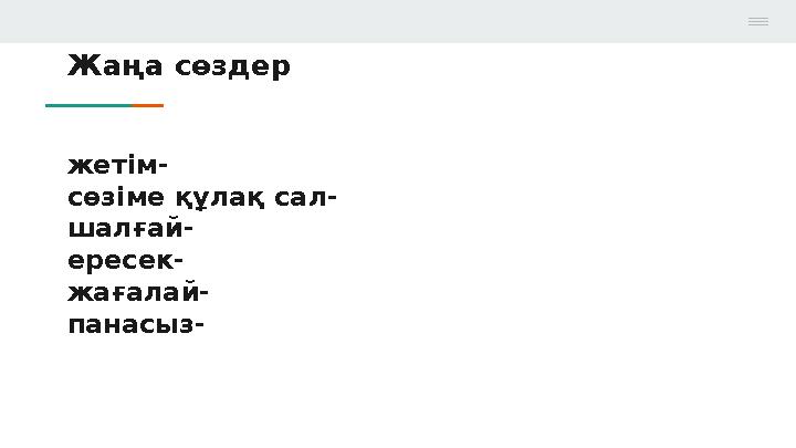 Жаңа сөздер жетім- сөзіме құлақ сал- шалғай- ересек- жағалай- панасыз-