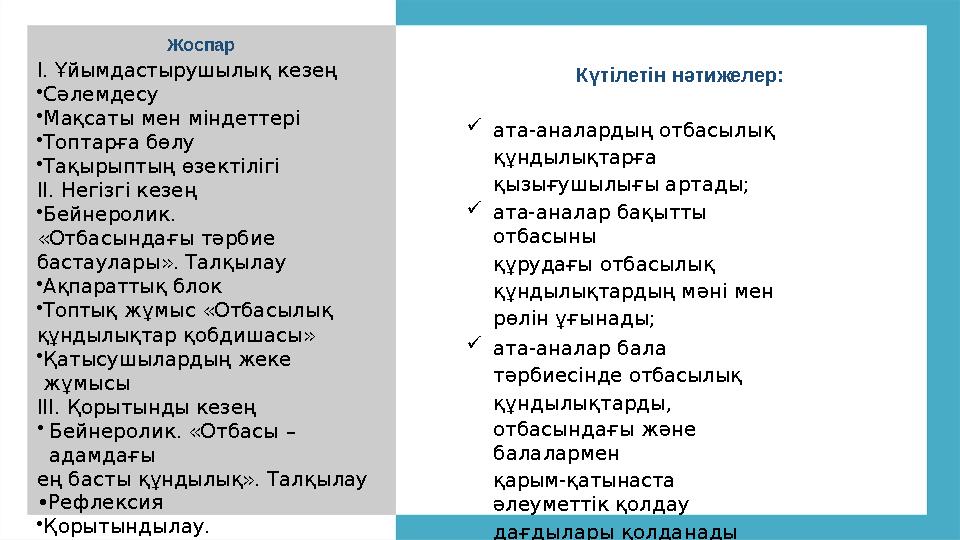 Жоспар I. Ұйымдастырушылық кезең •Сәлемдесу •Мақсаты мен міндеттері •Топтарға бөлу •Тақырыптың өзектілігі II. Негізгі кезең •Бей