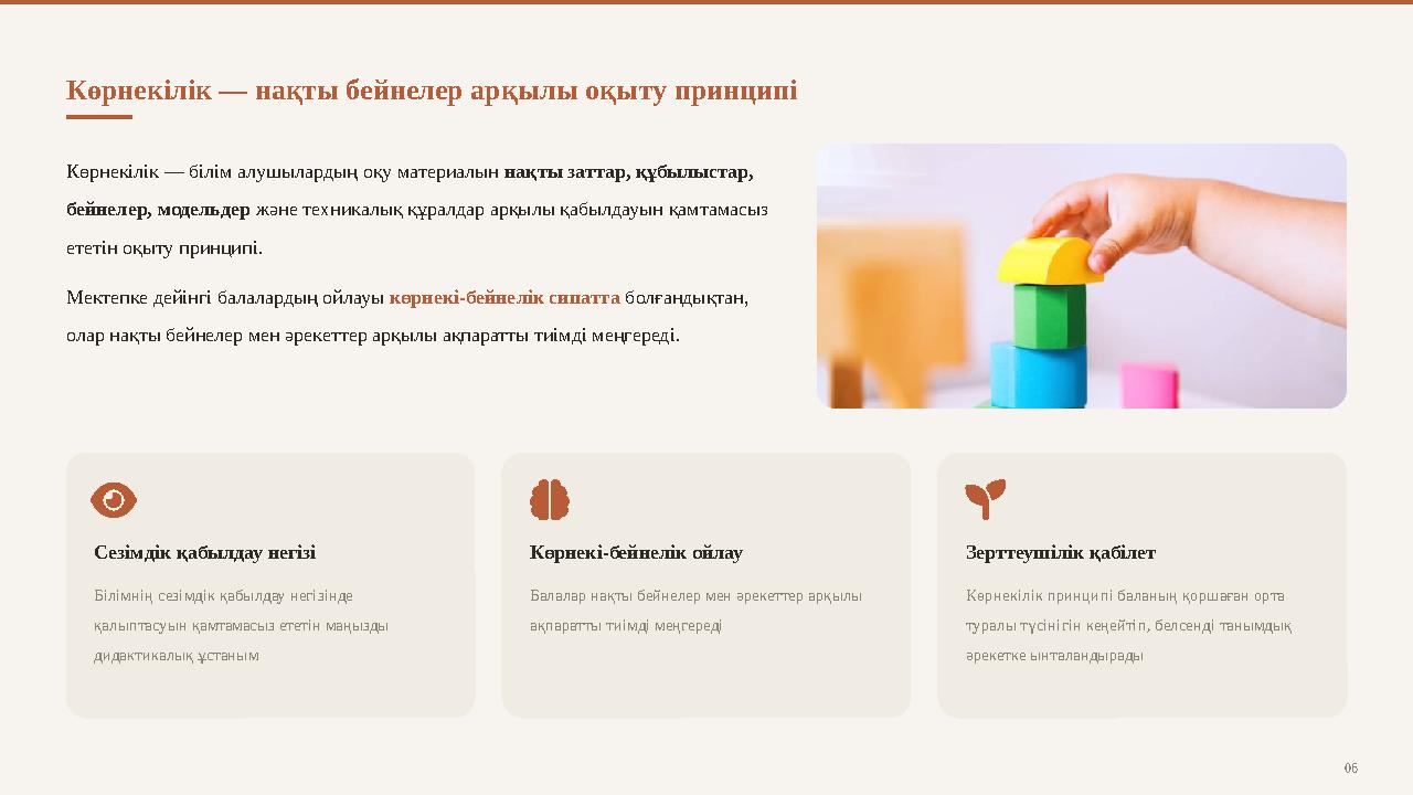 Көрнекілік — нақты бейнелер арқылы оқыту принципі Көрнекілік — білім алушылардың оқу материалын нақты заттар, құбылыстар, бейне