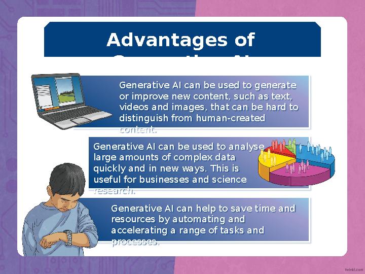 Advantages of Generative AI Generative AI can be used to generate or improve new content, such as text, videos and images,