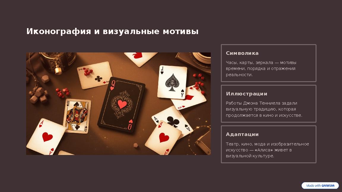 Иконография и визуальные мотивы Символика Часы, карты, зеркала — мотивы времени, порядка и отражения реальности. Иллюстрации Р