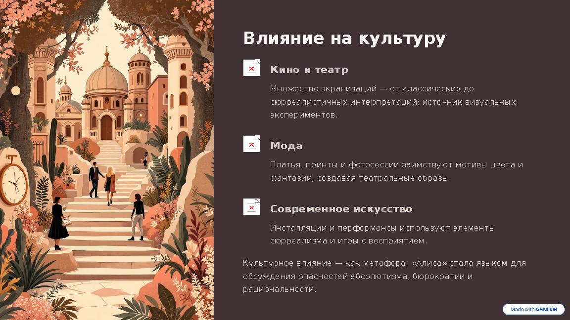 Влияние на культуру Кино и театр Множество экранизаций — от классических до сюрреалистичных интерпретаций; источник визуальных