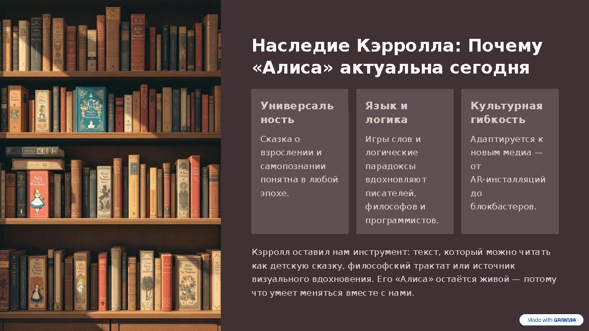 Наследие Кэрролла: Почему «Алиса» актуальна сегодня Универсаль ность Сказка о взрослении и самопознании понятна в любой эпо