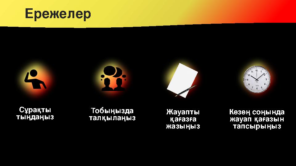Ережелер Сұрақты тыңдаңыз Тобыңызда талқылаңыз Жауапты қағазға жазыңыз Кезең соңында жауап қағазын тапсырыңыз