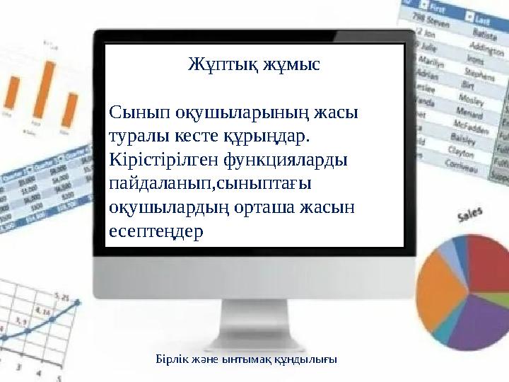 Бірлік және ынтымақ құндылығы Жұптық жұмыс Сынып оқушыларының жасы туралы кесте құрыңдар. Кірістірілген функцияларды пайдала