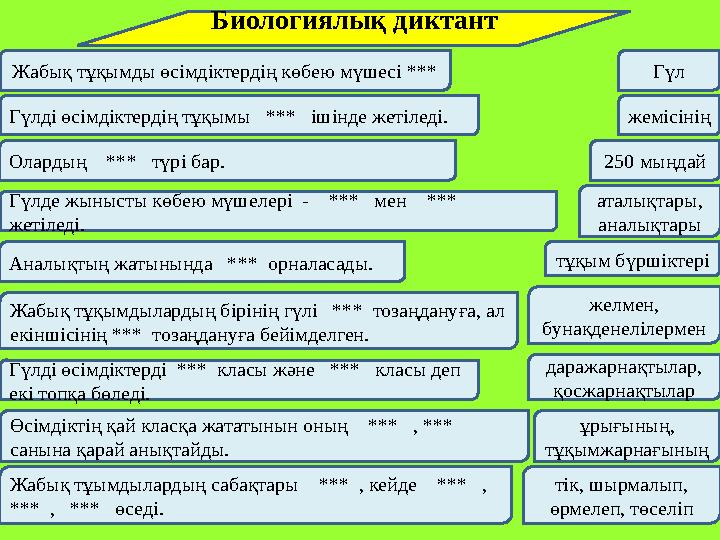 Биологиялық диктант Жабық тұқымды өсімдіктердің көбею мүшесі *** Гүл Гүлді өсімдіктердің тұқымы *** ішінде жетіледі. жемісін