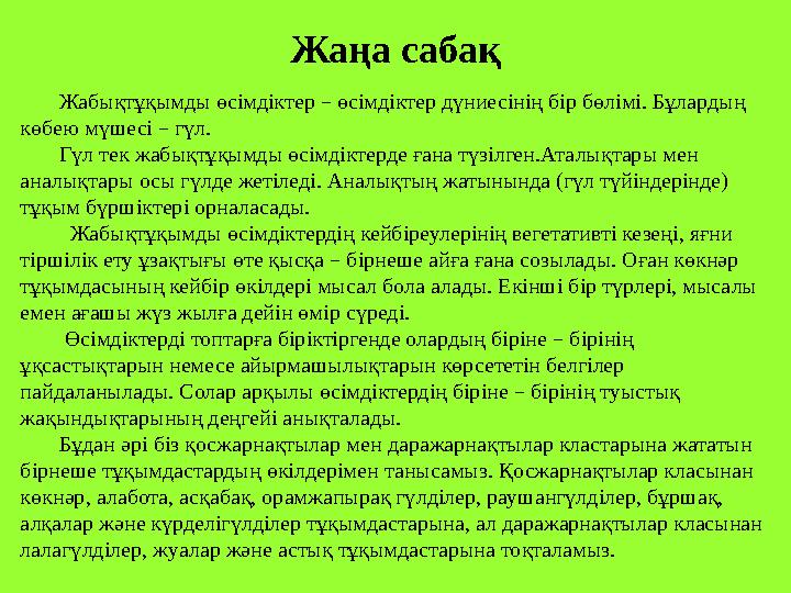 Жаңа сабақ Жабықтұқымды өсімдіктер – өсімдіктер дүниесінің бір бөлімі. Бұлардың көбею мүшесі – гүл. Гүл тек жабық