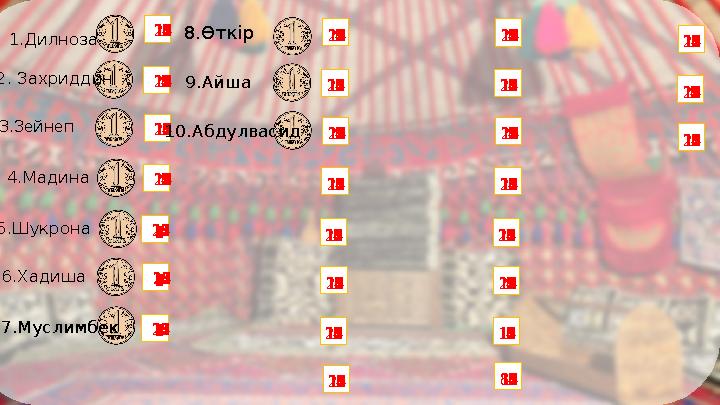 1234567891011121314151617181920 1.Дилноза 12345678910111213141516171819202. Захриддин 12345678910111213141516171819203.Зейнеп 1