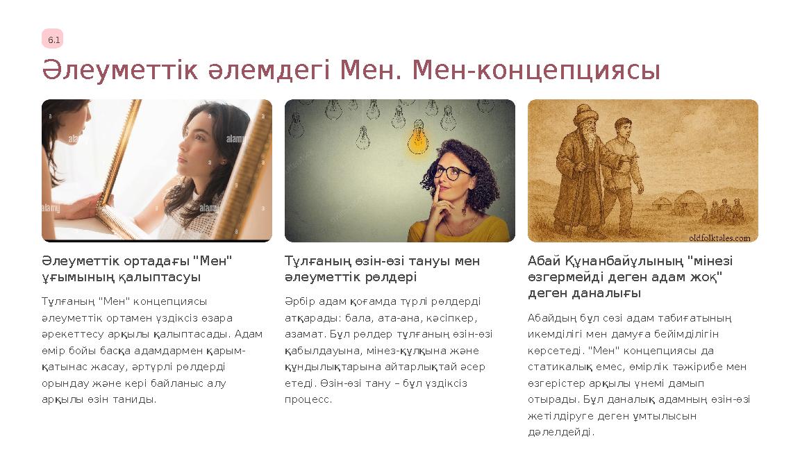 6.1 Әлеуметтік әлемдегі Мен. Мен-концепциясы Әлеуметтік ортадағы "Мен" ұғымының қалыптасуы Тұлғаның "Мен" концепциясы әлеуметт