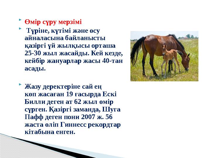  Өмір сүру мерзімі  Түріне, күтімі және өсу айналасына байланысты қазіргі үй жылқысы орташа 25-30 жыл жасайды. Кей кезде,