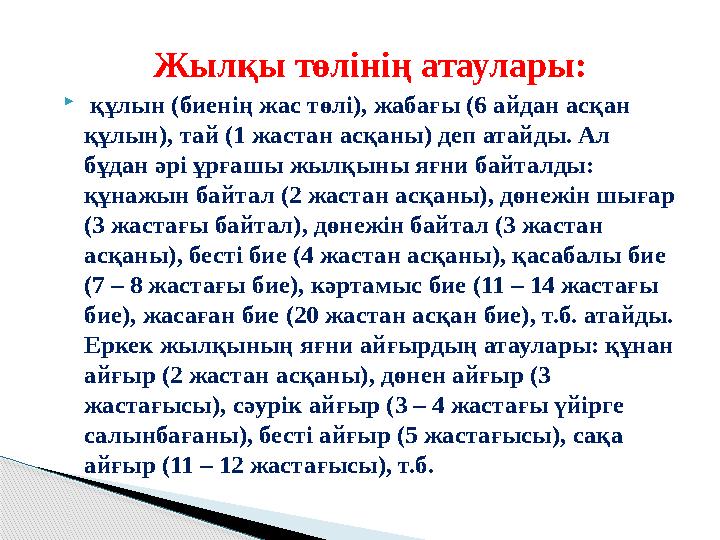 Жылқы төлінің атаулары:  құлын (биенің жас төлі), жабағы (6 айдан асқан құлын), тай (1 жастан асқаны) деп атайды. Ал бұдан әр