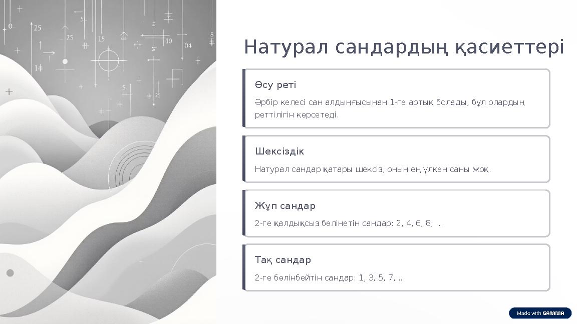 Натурал сандардың қасиеттері Өсу реті Әрбір келесі сан алдыңғысынан 1-ге артық болады, бұл олардың реттілігін көрсетеді. Шексіз