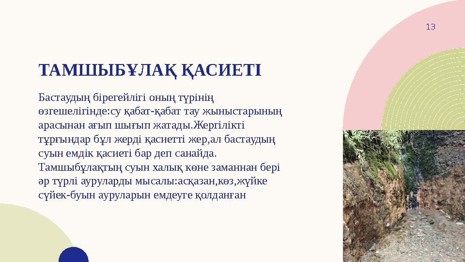 ТАМШЫБҰЛАҚ ҚАСИЕТІ Бастаудың бірегейлігі оның түрінің өзгешелігінде:су қабат-қабат тау жыныстарының арасынан ағып шығып жатады