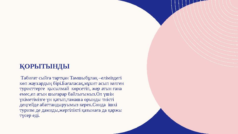 ҚОРЫТЫНДЫ Табиғат сыйға тартқан Тамшыбұлақ –еліміздегі көп жаухардың бірі.Бағаласақ,мұхит асып келген туристтерге қысылмай