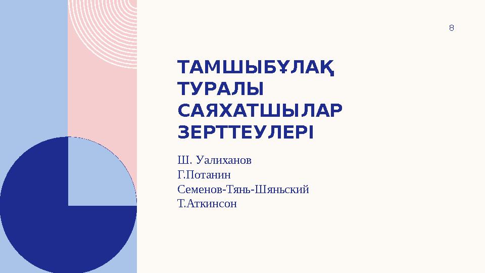 ТАМШЫБҰЛАҚ ТУРАЛЫ САЯХАТШЫЛАР ЗЕРТТЕУЛЕРІ 8 Ш. Уалиханов Г.Потанин Семенов-Тянь-Шяньский Т.Аткинсон
