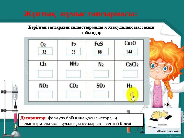 Жүптық жұмыс тапсырмасы: Дескриптор: формула бойынша қосылыстардың салыстырмалы молекулалық массаларын есептей біледі ҚБ: Бер