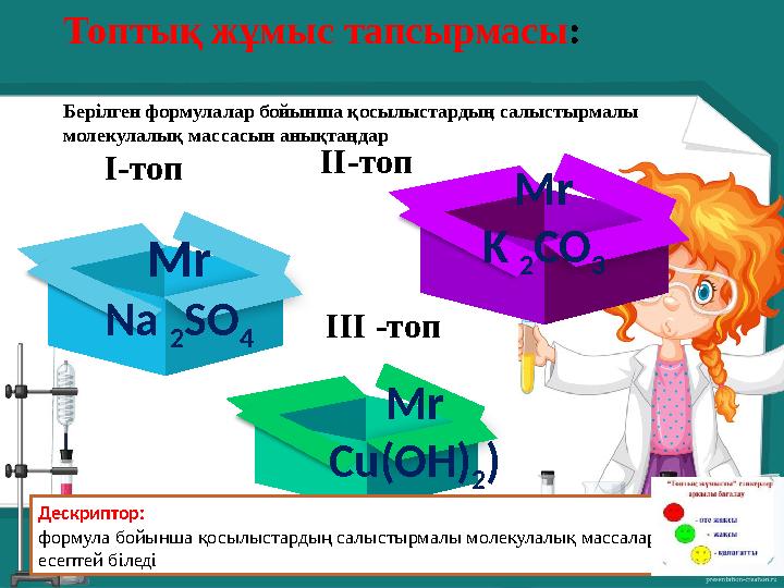 Топтық жұмыс тапсырмасы: Берілген формулалар бойынша қосылыстардың салыстырмалы молекулалық массасын анықтаңдар І-топ ІІІ -топ